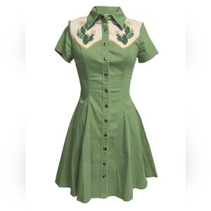 BoozeLele Western Dress – Retro Cactus, Green sz XL - 100% cotton